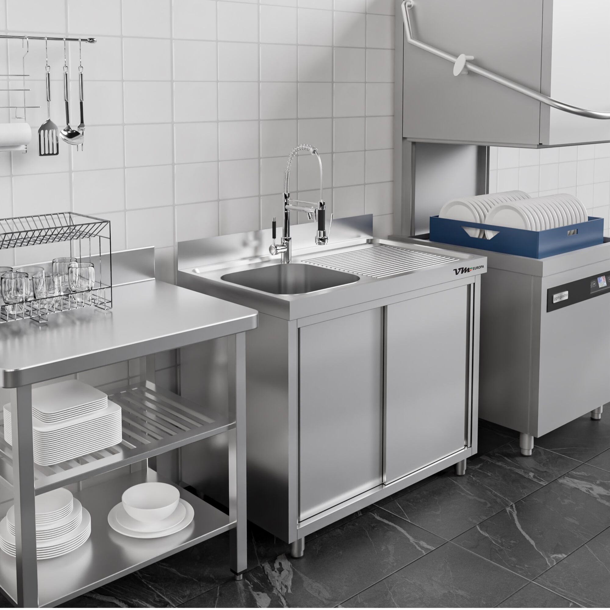 Edelstahl Spülschrank 1 Becken links, mit Aufkantung, ECO - alle Größen montiert