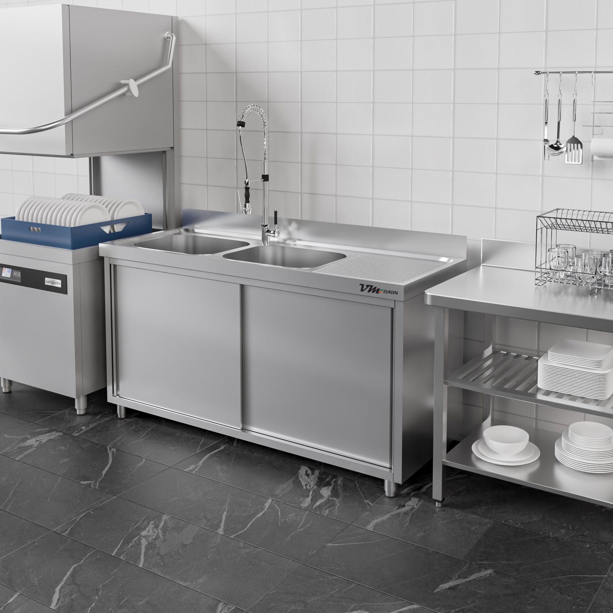 Edelstahl Spülschrank 2 Becken links, mit Aufkantung, ECO - alle Größen montiert