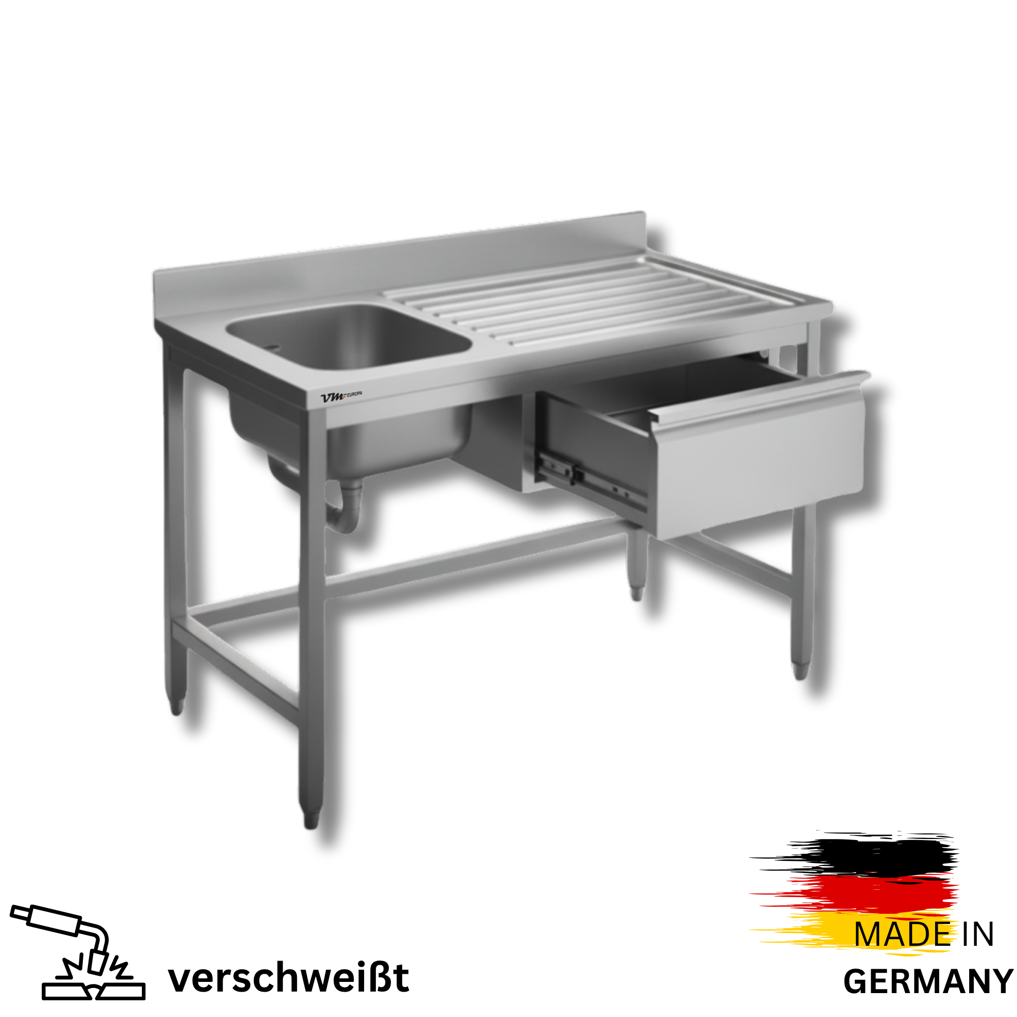 Edelstahl Spültisch 1 Becken rechts, ohne Grundboden, mit Aufkantung, mit einer Schublade, Simple - alle Größen zur selbstmontage oder verschweißt