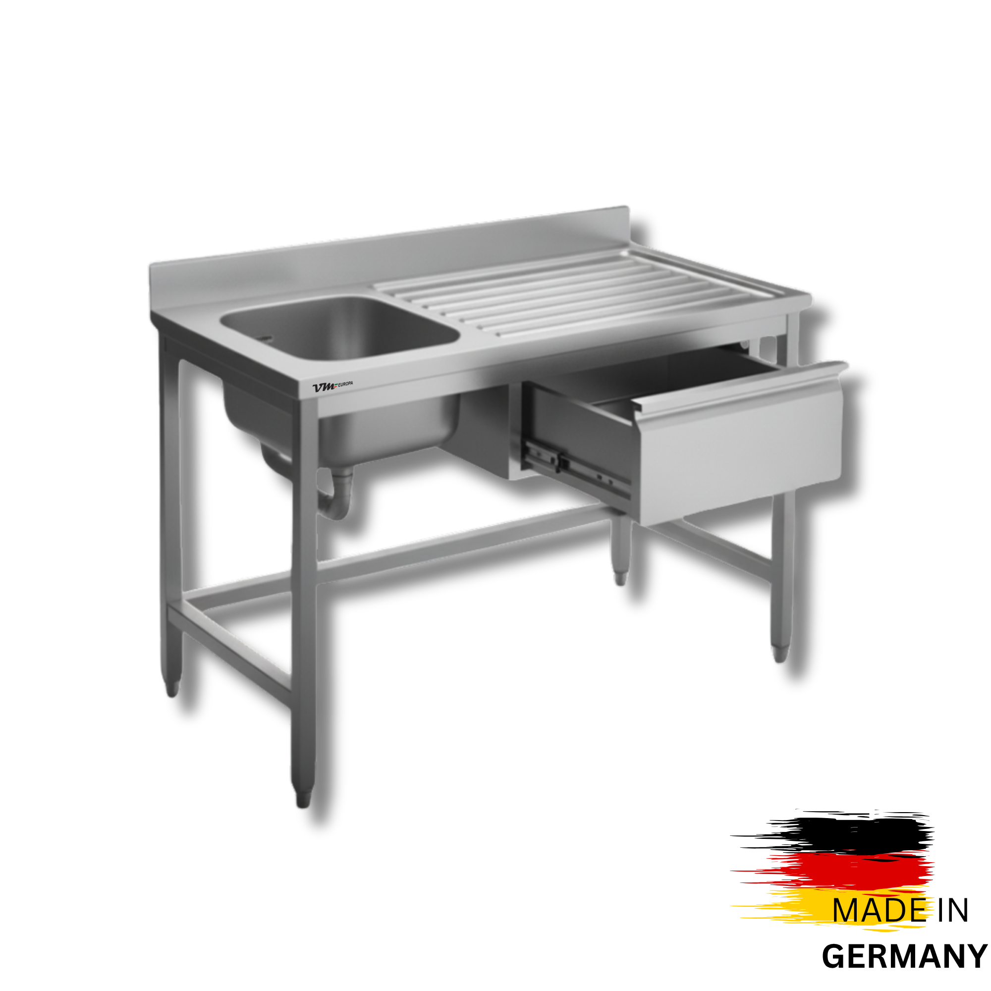 Edelstahl Spültisch 1 Becken rechts, ohne Grundboden, mit Aufkantung, mit einer Schublade, Simple - alle Größen zur selbstmontage oder verschweißt