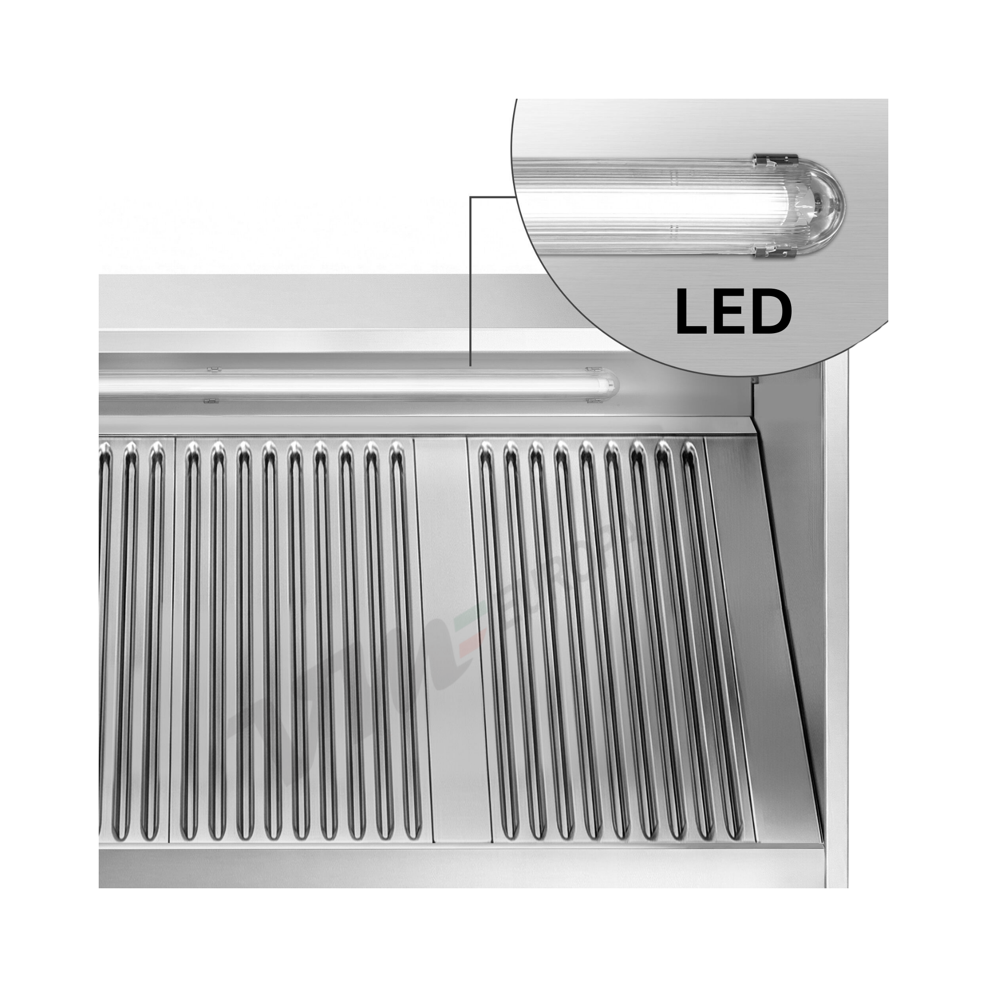 110er Edelstahl Kastenhaube - 110cm tief - ohne Motor - mit Flammenschutz Filter und LED Lampe - VM Europa