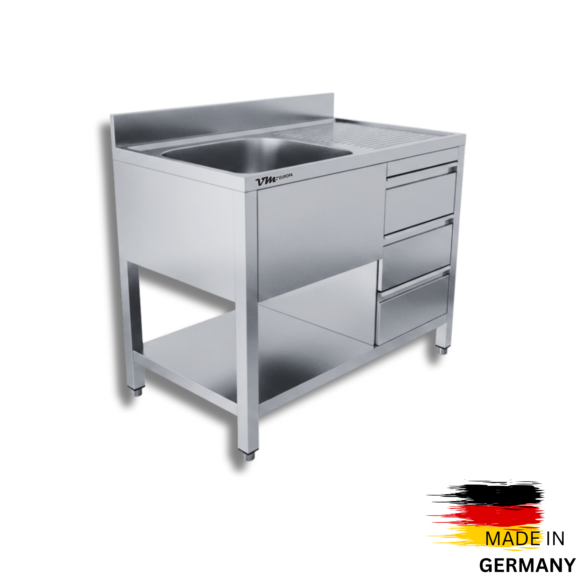 Edelstahl Spültisch 1 Becken links, mit Grundboden, mit Aufkantung, 3 Schubalden rechts, Premium - alle Größen montiert
