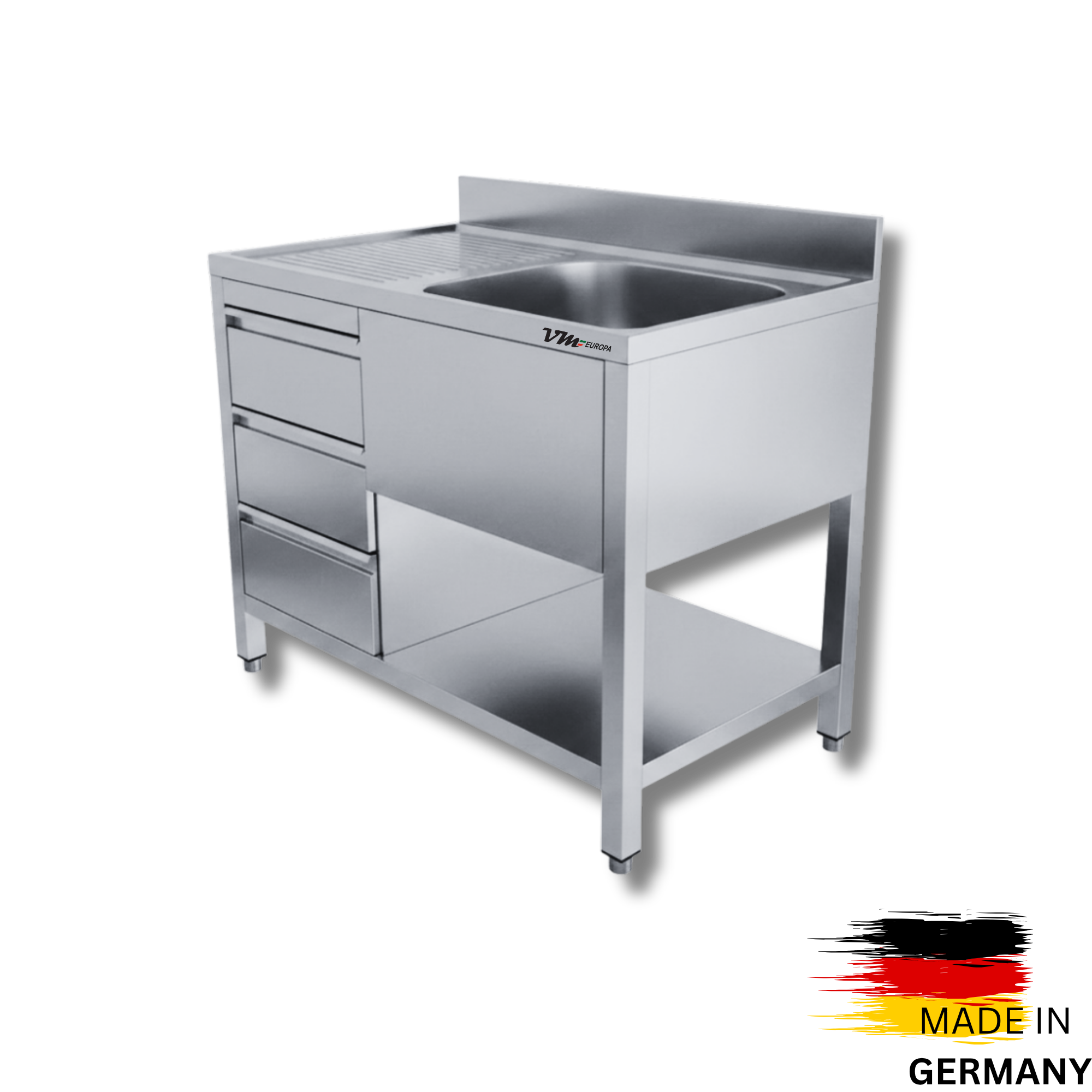 Edelstahl Spültisch 1 Becken rechts, 3 Schubladen links, mit Grundboden, mit Aufkantung, Premium - alle Größen montiert
