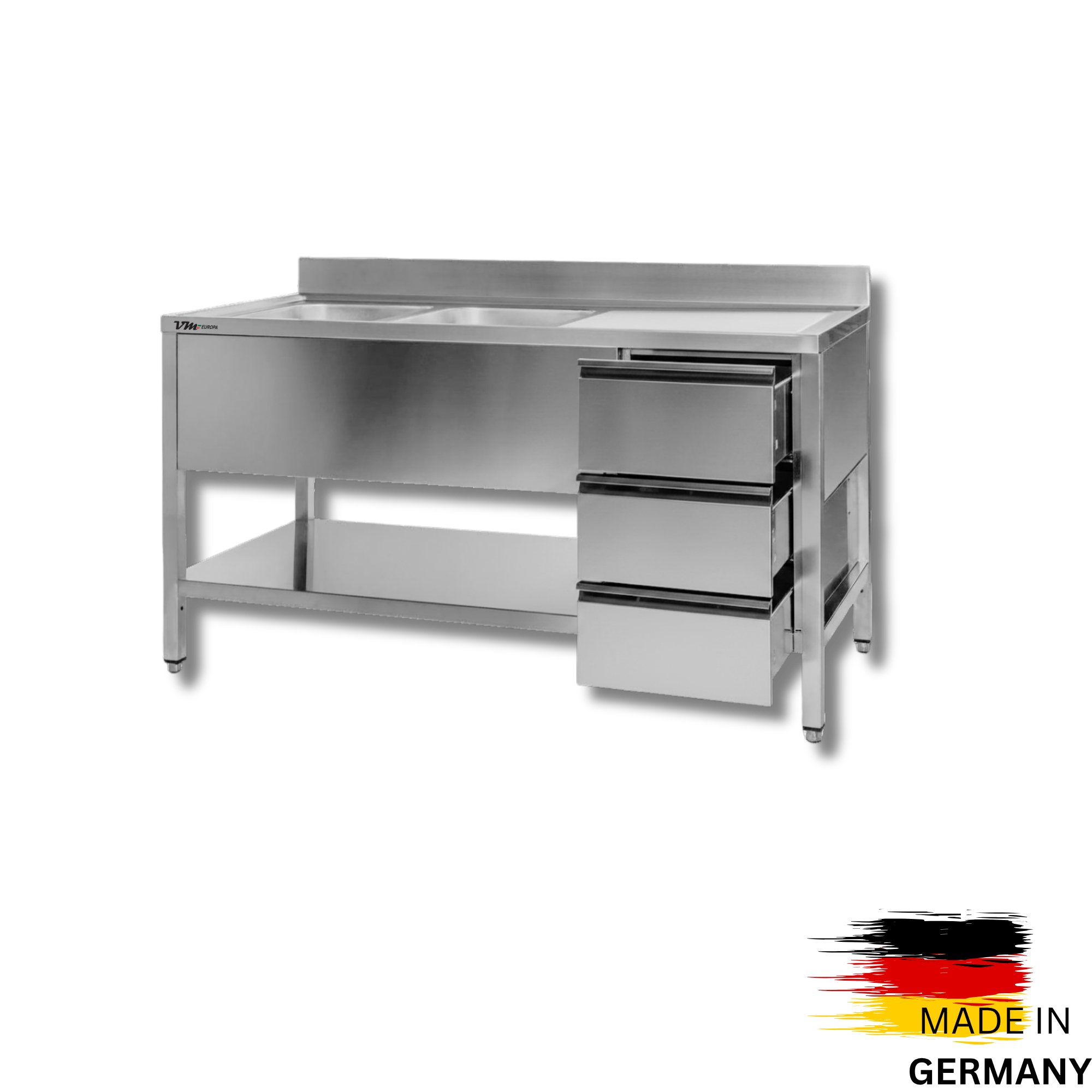 Edelstahl Spültisch 2 Becken links, mit Grundboden, mit Aufkantung, 3 Schubladen rechts, Premium - alle Größen montiert
