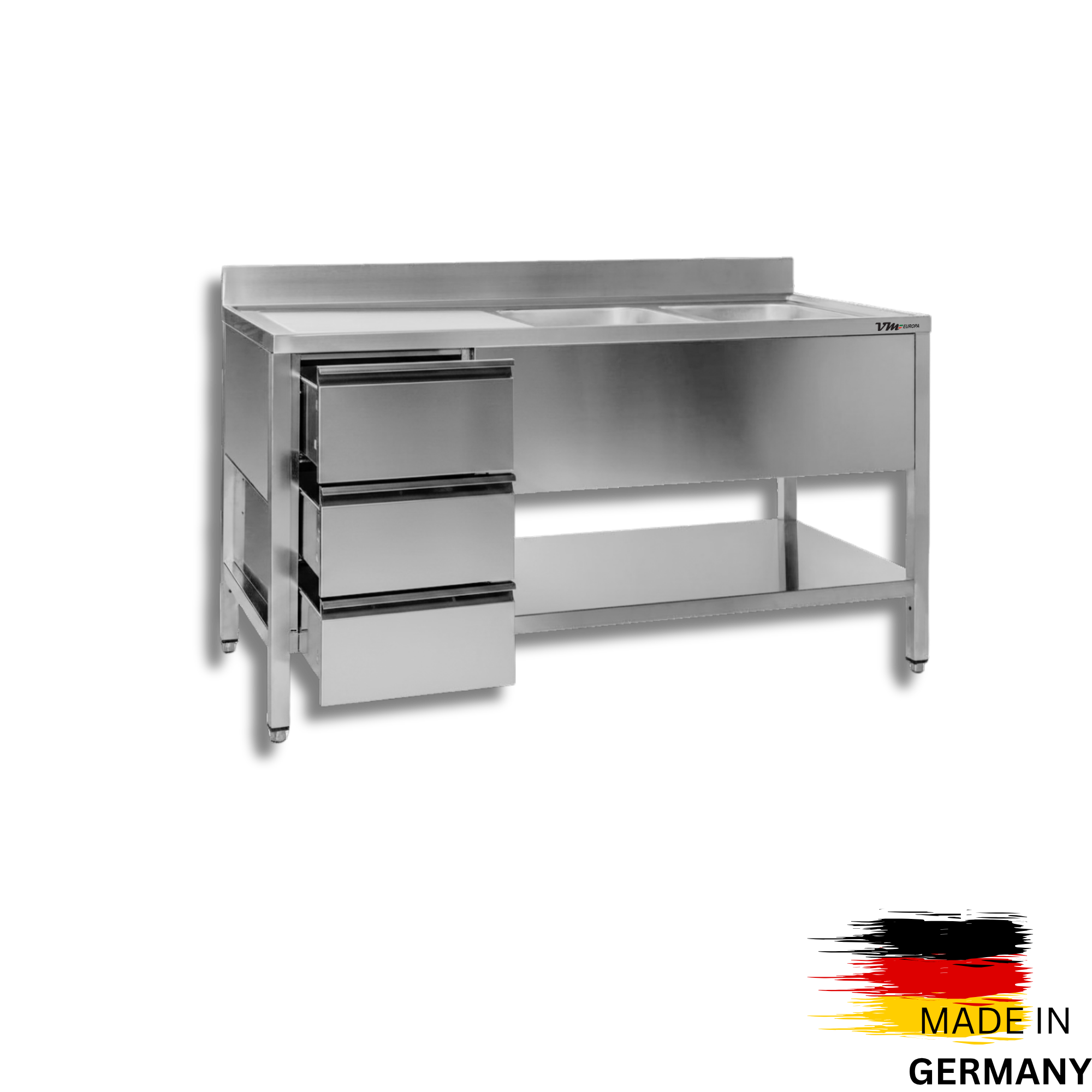 Edelstahl Spültisch 2 Becken rechts, mit Grundboden, mit Aufkantung, 3 Schubladen links, Premium - alle Größen montiert