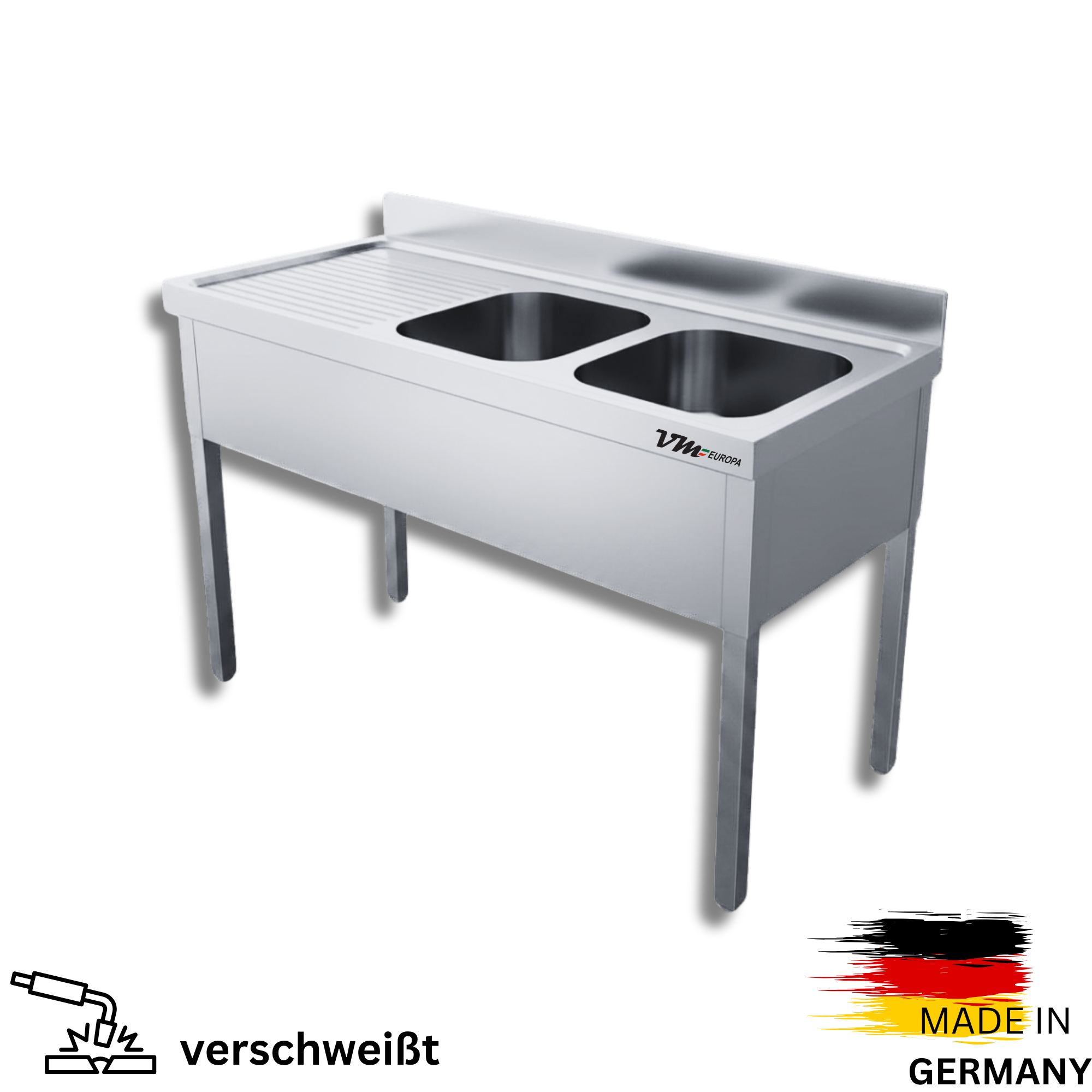 Edelstahl Spültisch 2 Becken rechts, ohne Grundboden, mit Aufkantung, Premium - alle Größen zur selbstmontage oder verschweißt