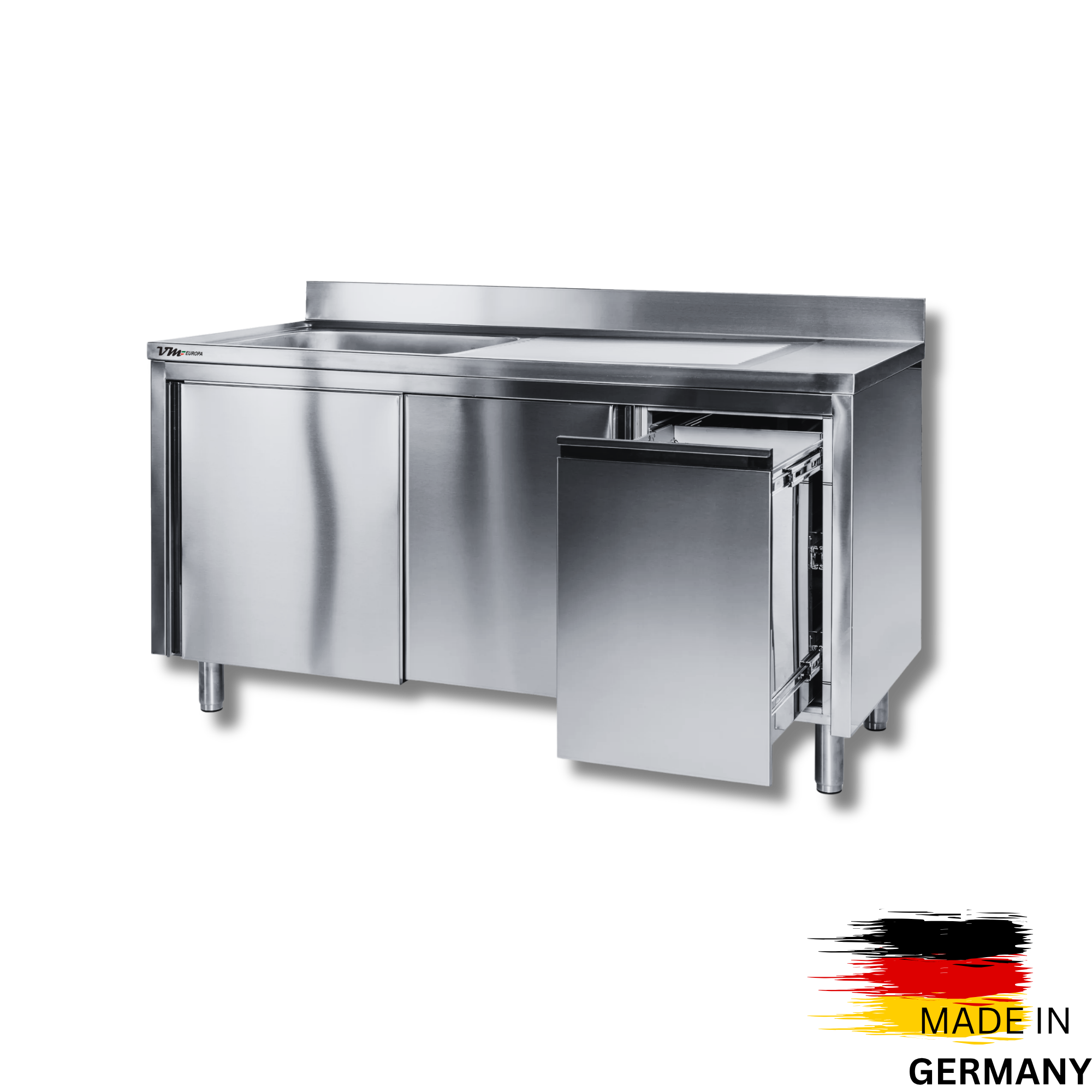 Edelstahl Spülschrank 1 Becken links, mit Aufkantung, Abfallbehälter rechts, Premium - alle Größen montiert