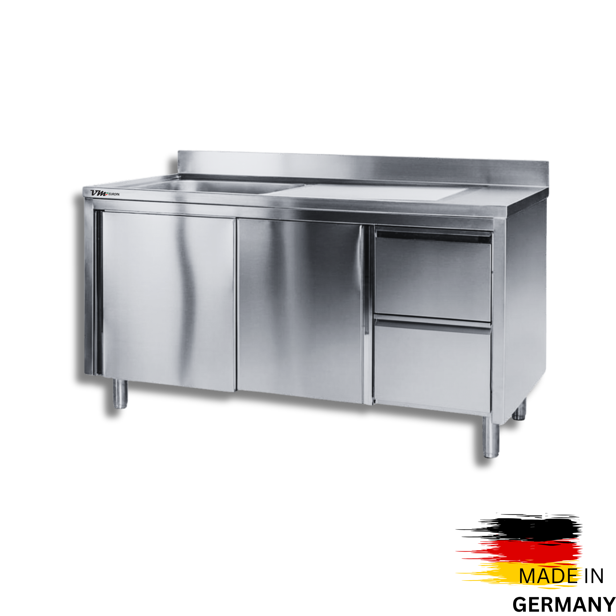 Edelstahl Spülschrank 1 Becken links, mit Aufkantung, 2 Schubladen rechts, Premium - alle Größen montiert