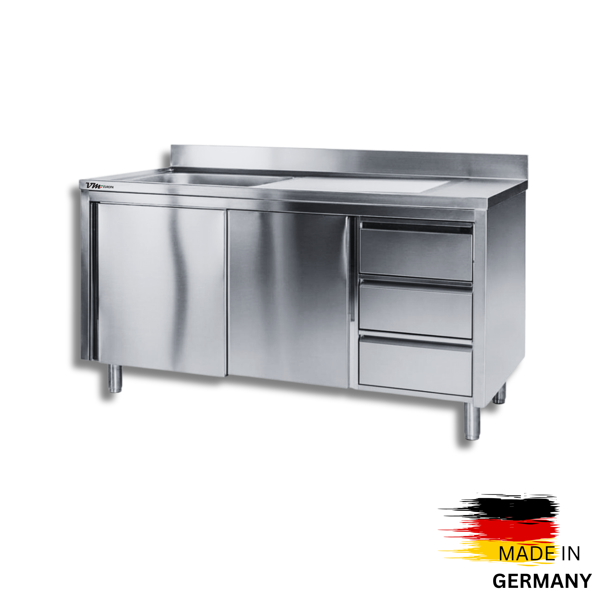 Edelstahl Spülschrank 1 Becken links, mit Aufkantung, 3 Schubladen rechts, Premium - alle Größen montiert