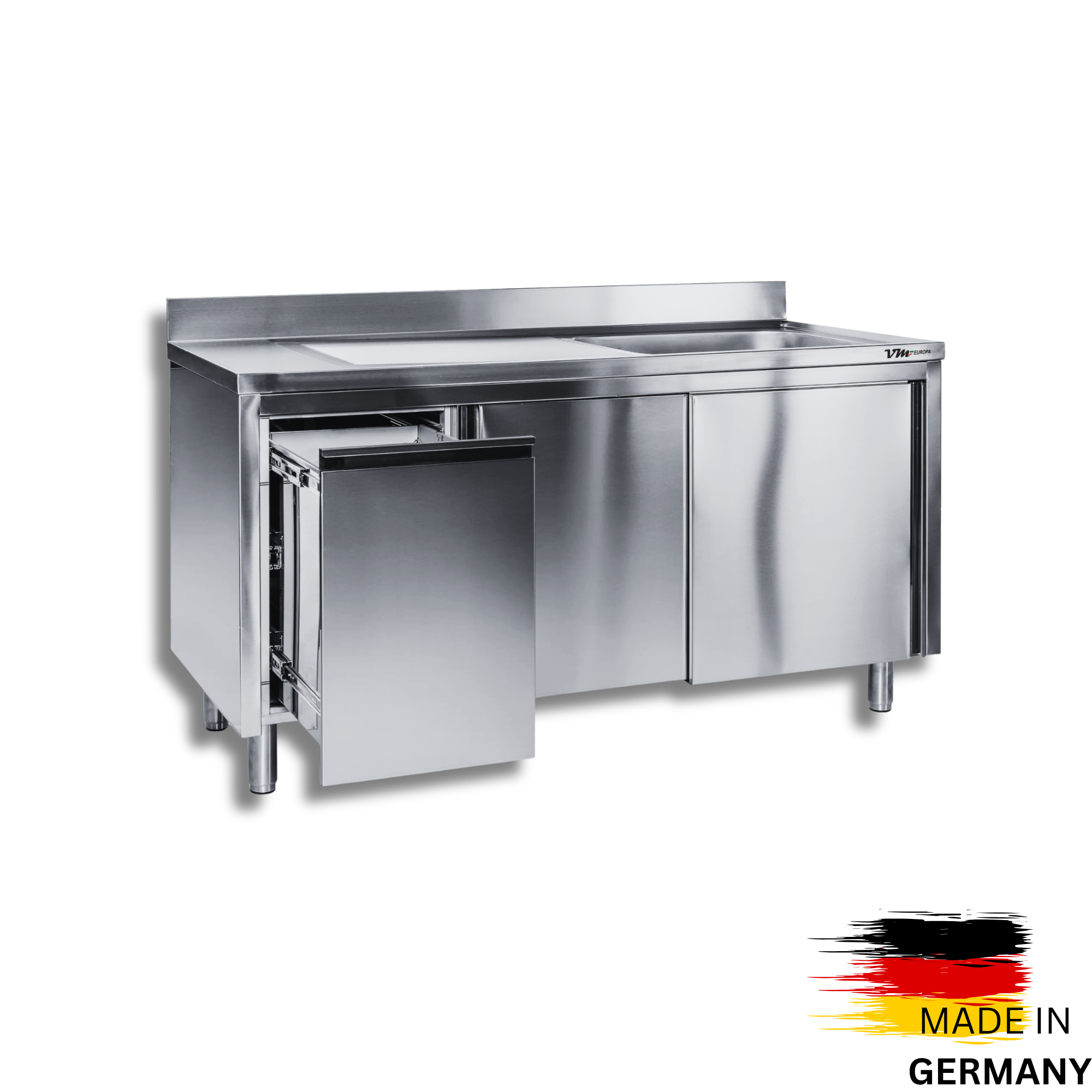 Edelstahl Spülschrank 1 Becken rechts, mit Aufkantung, Abfallbehälter links, Premium - alle Größen montiert