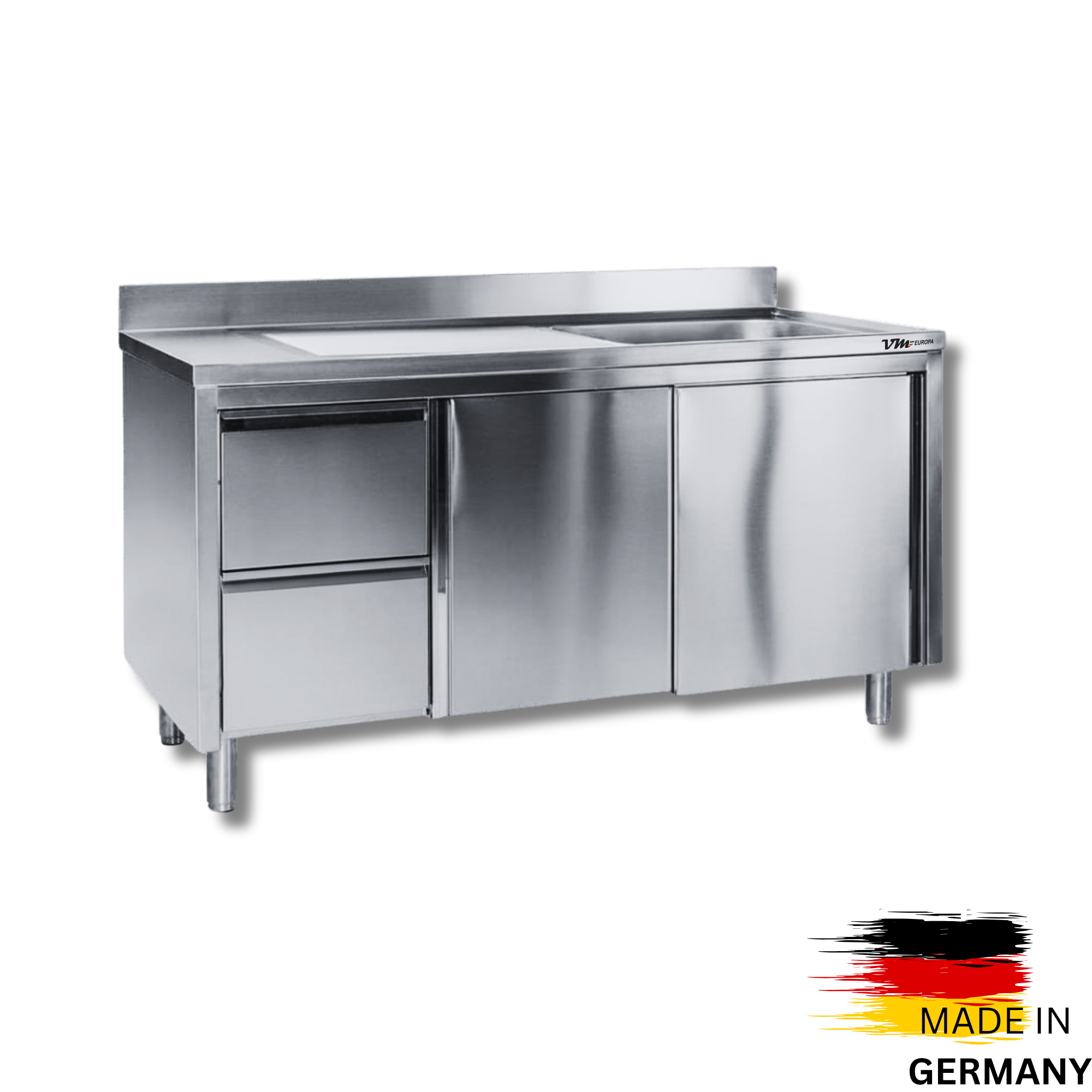 Edelstahl Spülschrank 1 Becken rechts, mit Aufkantung, 2 Schubalden links, Premium - alle Größen montiert