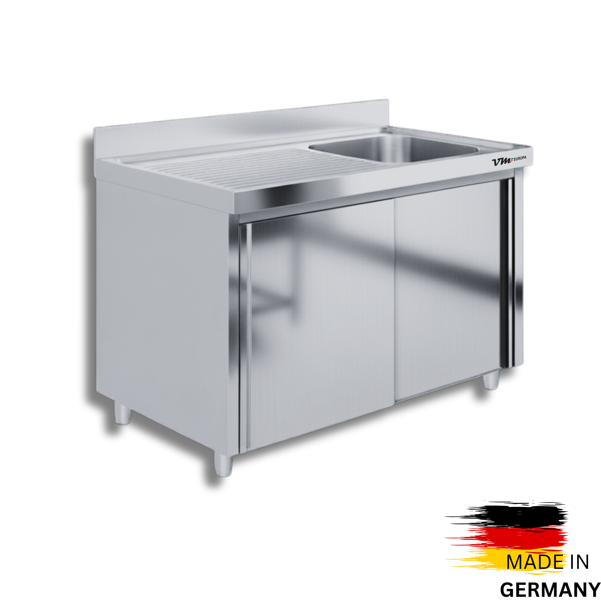 Edelstahl Spülschrank 1 Becken rechts, mit Aufkantung, Premium - alle Größen montiert