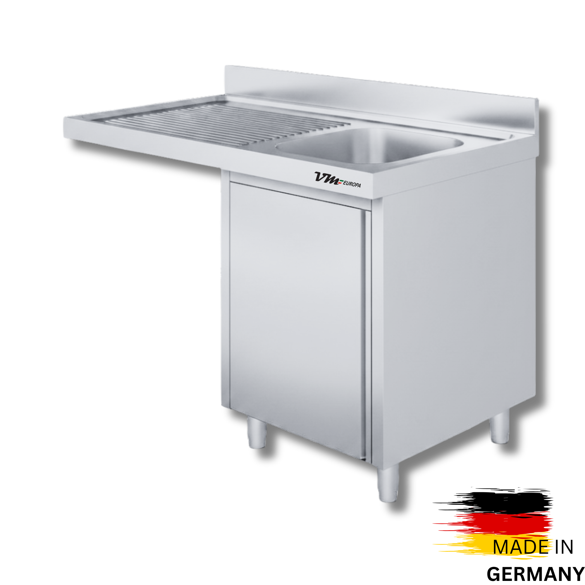 Edelstahl Spülmaschinenschrank bzw. Spülschrankzentrum, 1 Becken rechts, mit Aufkantung, Premium - alle Größen montiert