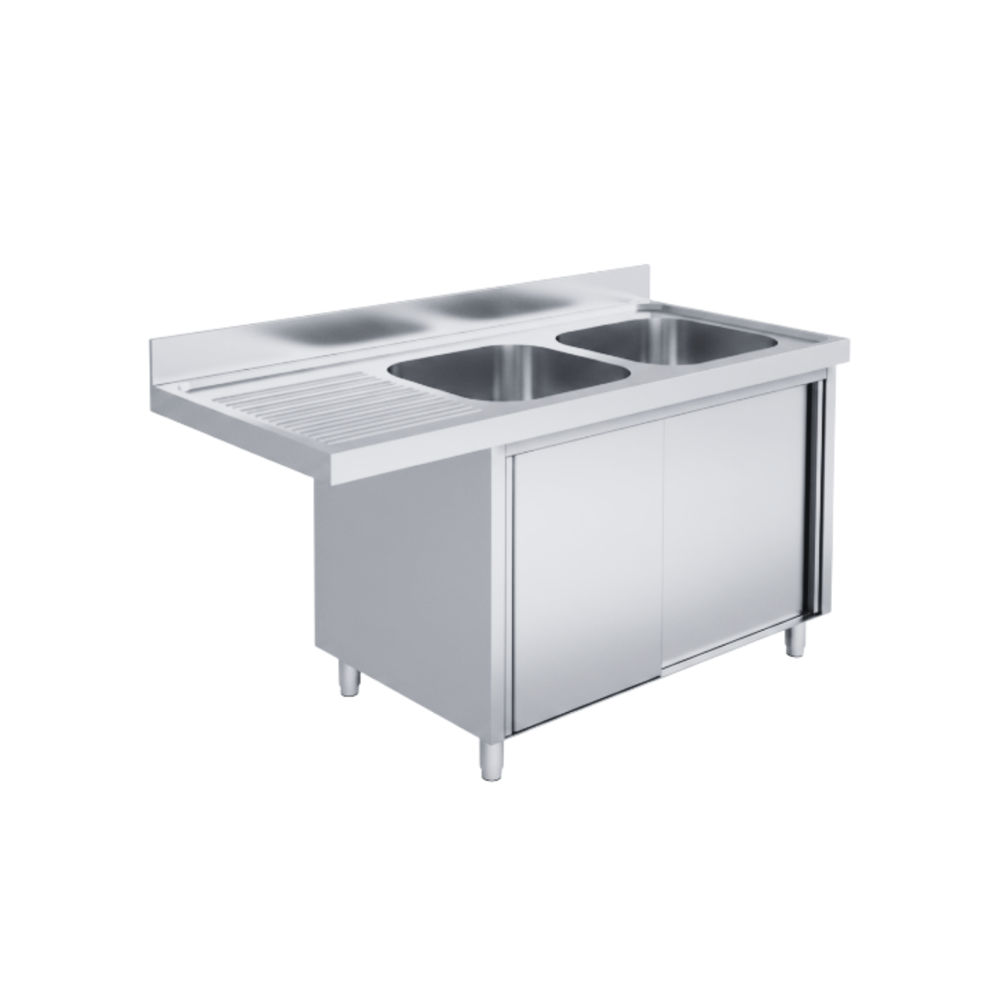 Edelstahl Spülmaschinenschrank bzw. Spülschrankzentrum, 2 Becken rechts, mit Aufkantung, Premium - alle Größen montiert