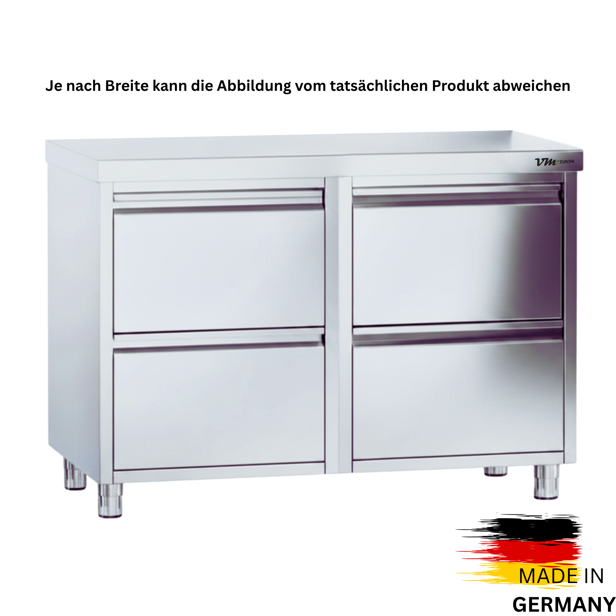 Edelstahl Schubladenschrank, 2 Schubladen, mit oder ohne Aufkantung, Premium - alle Größen montiert