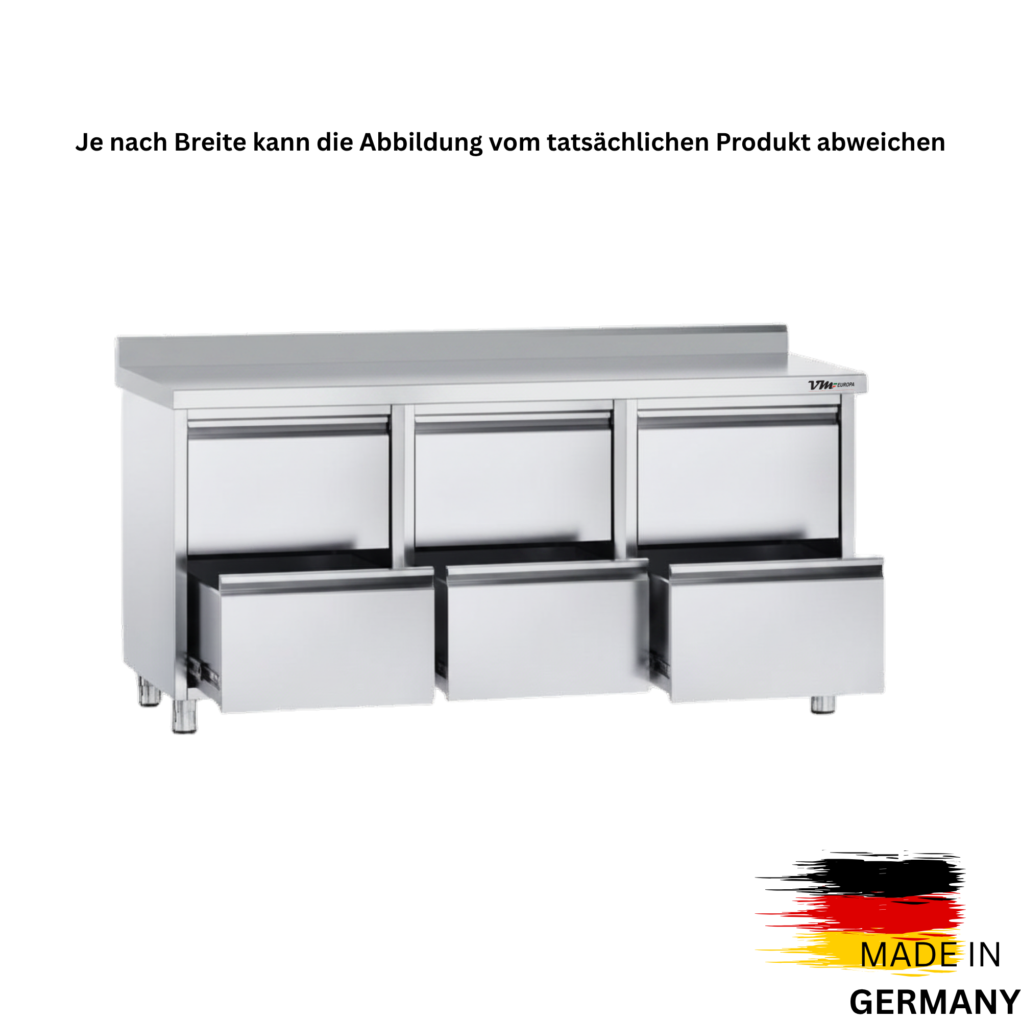 Edelstahl Schubladenschrank, 2 Schubladen, mit oder ohne Aufkantung, Premium - alle Größen montiert